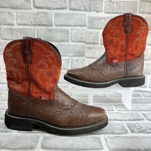 Justin Gypsy Brown Orange Ostrich Print Leather Western Cowboy Boots Women's 8.5